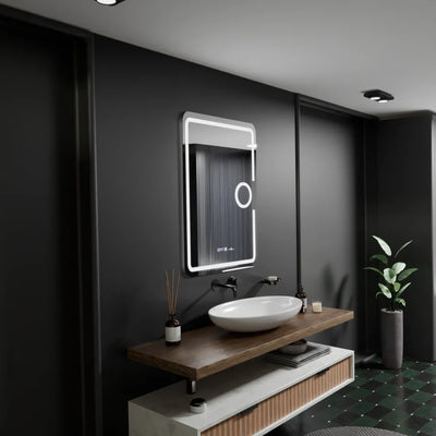 Specchio LED rettangolare, 50x70 cm, Eclat MotionGlow Marcello, sistema antiappannamento, orologio e termometro, lente d'ingrandimento cosmetica, dimmerabile