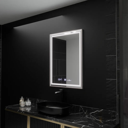Specchio rettangolare a LED, 60x80 cm, Verite Imperial Silver Motion Glow Marcello, sistema antiappannamento, orologio e termometro, specchi dimmerabili Marcello Titolo predefinito Alessandro Design