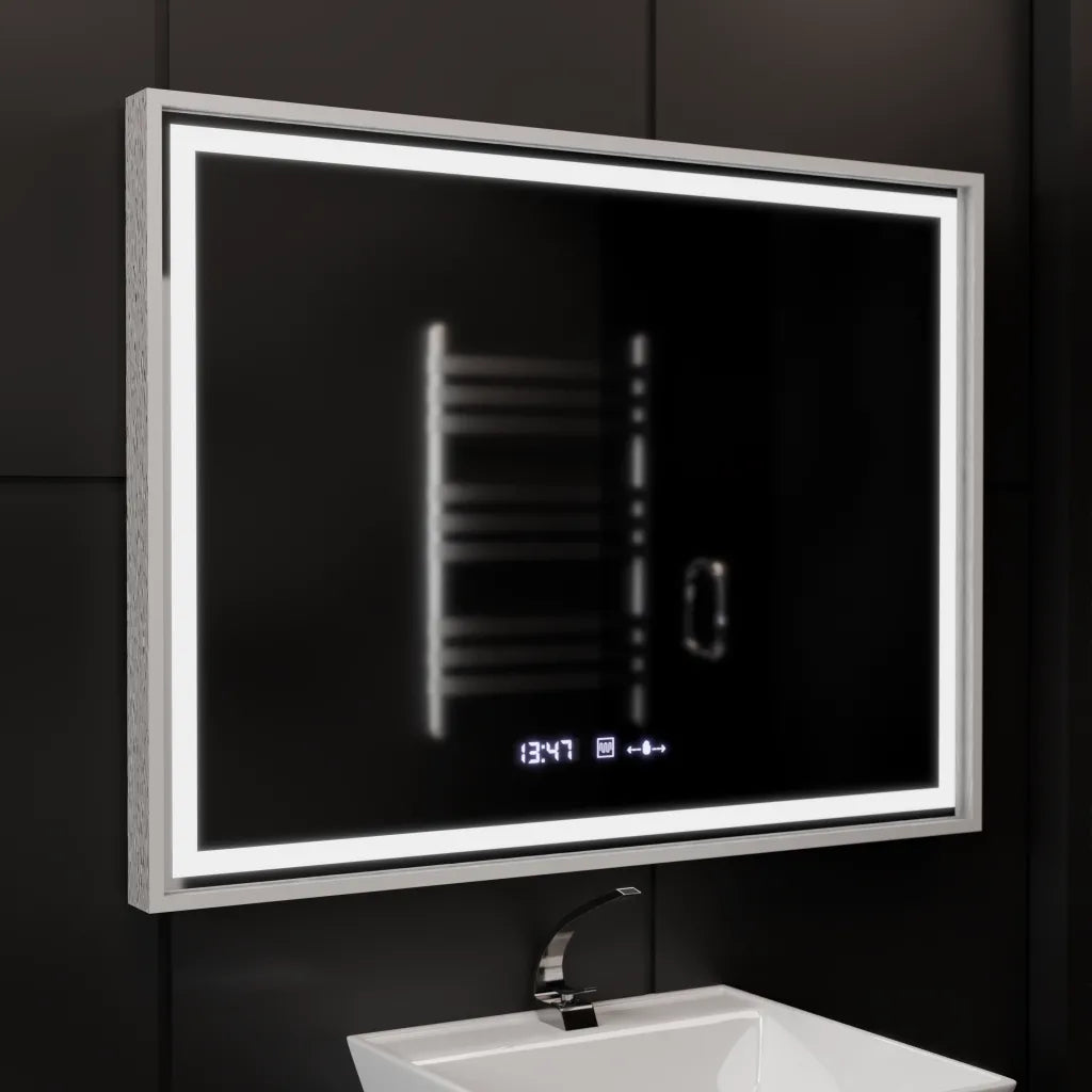 Specchio rettangolare a LED, 80x60 cm, Verite Imperial Silver Motion Glow Marcello, sistema antiappannamento, orologio e termometro, specchi dimmerabili Marcello Titolo predefinito Alessandro Design