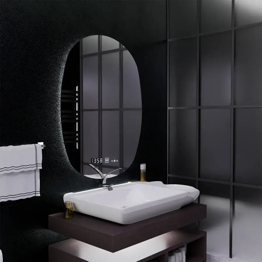 Specchio ovale LED, 60x80cm, sensore Ranya Marcello MotionGlow, sistema antiappannamento, orologio e termometro, specchi Dimabila Marcello Titolo predefinito Alessandro Design
