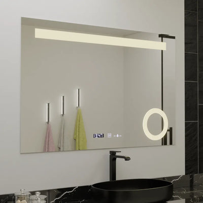 Specchio rettangolare a LED, 120x80 cm, ABSOLU MotionGlow Marcello, sistema antiappannamento, orologio e termometro, lente d'ingrandimento cosmetica, dimmerabile