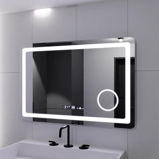 Specchio rettangolare a LED, 90x60 cm, Souverain MotionGlow Marcello, sistema antiappannamento, orologio e termometro, lente d'ingrandimento cosmetica, specchi Marcello dimmerabili Titolo predefinito Alessandro Design