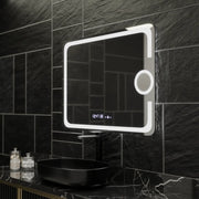 Specchio rettangolare a LED, 80x60 cm, Eclat MotionGlow Marcello, sistema antiappannamento, orologio e termometro, lente d'ingrandimento cosmetica, specchi Marcello dimmerabili Titolo predefinito Alessandro Design