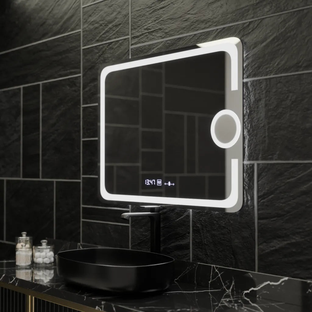Specchio rettangolare a LED, 80x60 cm, Eclat MotionGlow Marcello, sistema antiappannamento, orologio e termometro, lente d'ingrandimento cosmetica, specchi Marcello dimmerabili Titolo predefinito Alessandro Design