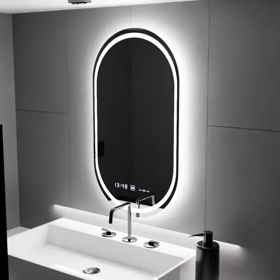Specchio ovale a LED, 60x80 cm, Eminence MotionGlow Marcello, sistema antiappannamento, orologio e termometro, specchi Marcello dimmerabili Titolo predefinito Alessandro Design
