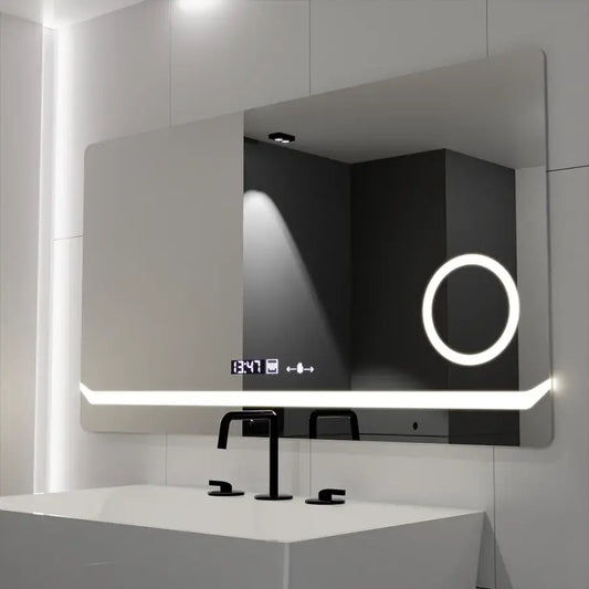Specchio rettangolare a LED, 80x60 cm, definizione MotionGlow Marcello, sistema antiappannamento, orologio e termometro, lente d'ingrandimento cosmetica, specchi dimmerabili Marcello Titolo predefinito Alessandro Design