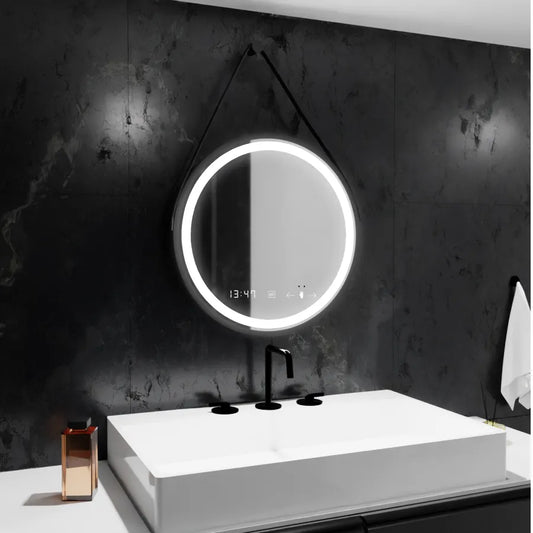 Specchio rotondo a LED, 50 cm, Celeste Majeste Noir Eleve MotionGlow Marcello, sistema antiappannante, orologio e termometro, specchi dimmerabili Marcello Titolo predefinito Alessandro Design