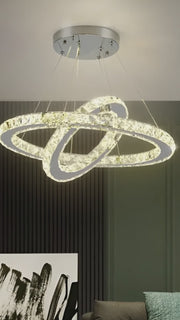 Lampadario LED con telecomando e cristallo PRISM LUMINIS 58W, 2 Cerchi, Luce Fredda/Calda/Neutra, Dimmerabile, Cromo e Bianco, Regolabile in Altezza