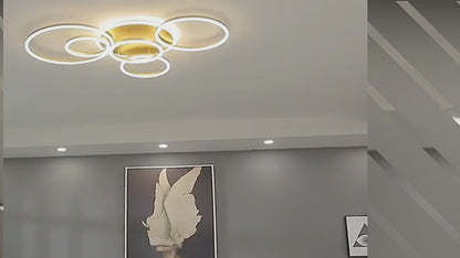 Lampadario LED con Telecomando RINNOVA, 5 cerchi, 137W, Luce Calda/Fredda/Neutra, Dimmerabile, Oro