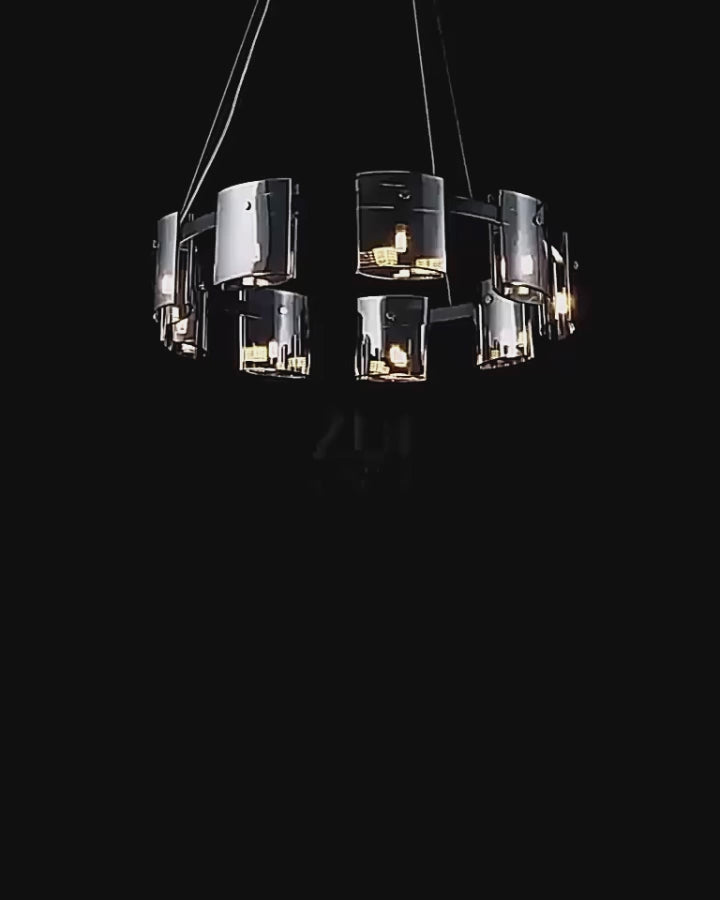 Lampadario moderno, Valmontreux Largo, 8xG9, diametro 80 cm, cristalli neri e grigi, altezza regolabile, metallo e cristallo