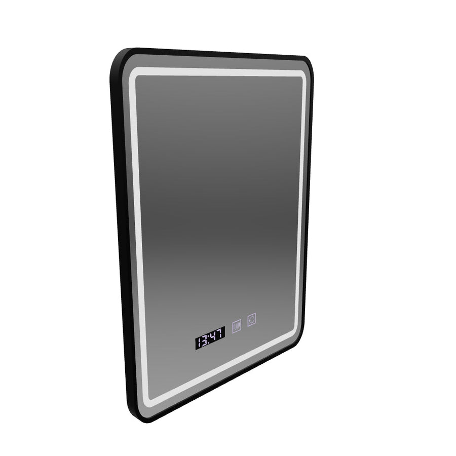Specchio LED Touch LUCIDA Sistema Disappannante, Orologio e Temperatura 50x70 cm Cornice Nera Spazzolata