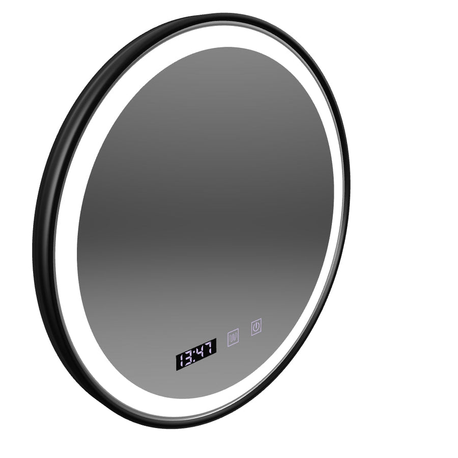 Specchio Touch LED NOVARA Sistema Disappannante, Orologio e Temperatura Cornice Nera Spazzolata da 90 cm