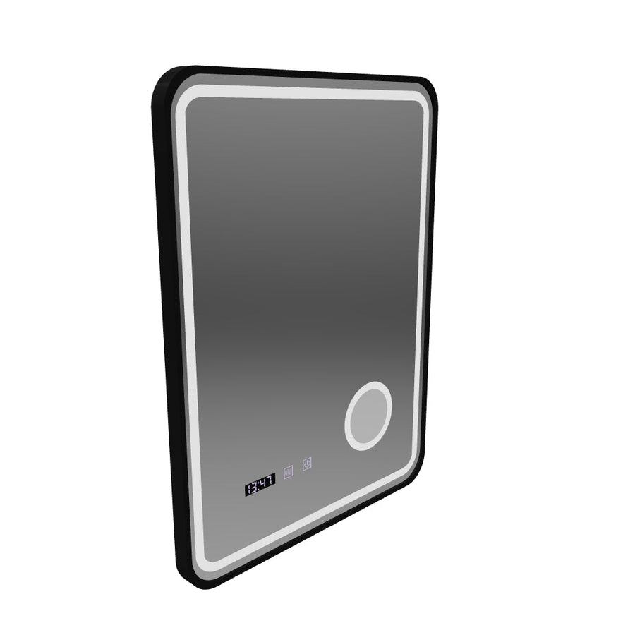 Ulrich LED Touch Specchio Disappannante, Orologio e Temperatura 60x80 cm Cornice Nera Spazzolata Lente Cosmetica