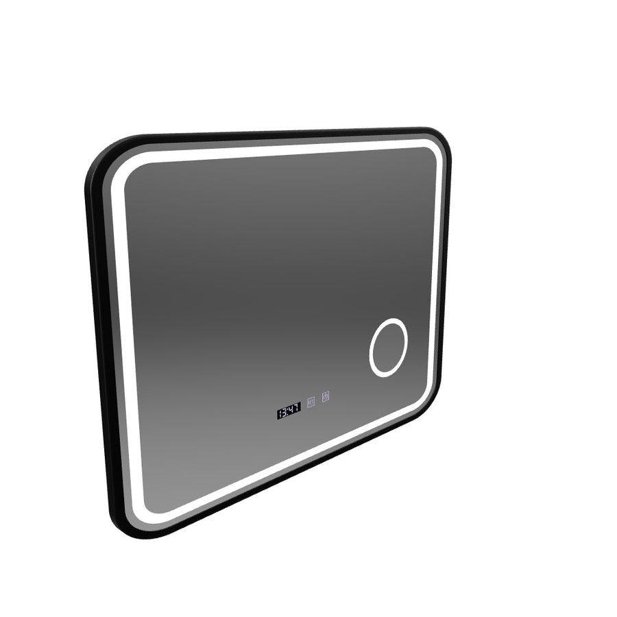 Bernd LED Touch Mirror Sistema antiappannamento, orologio e temperatura 80x60 cm Lente d'ingrandimento cosmetica con cornice nera spazzolata