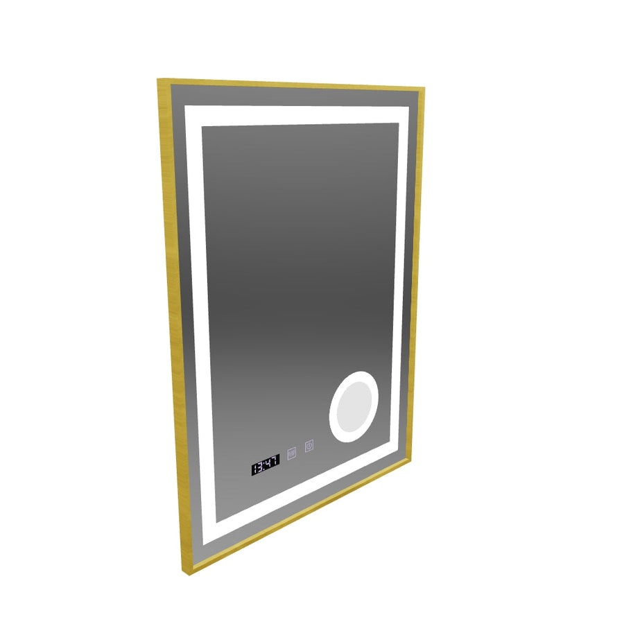 CLARUS LED Touch Specchio Disappannante, Orologio e Temperatura 60x80 cm Cornice Dorata Lente Cosmetica Spazzolata
