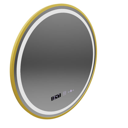 Specchio rotondo a LED, 70 cm, Celeste Royale Gold MotionGlow Marcello, sistema antiappannamento, orologio e termometro, dimmerabile