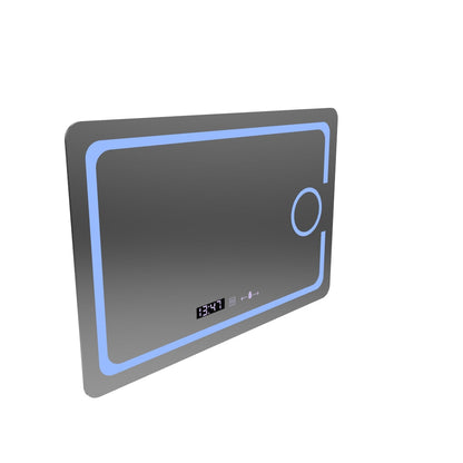 Specchio LED rettangolare, 110x75 cm, Eclat MotionGlow Marcello, sistema antiappannamento, orologio e termometro, lente d'ingrandimento cosmetica, dimmerabile