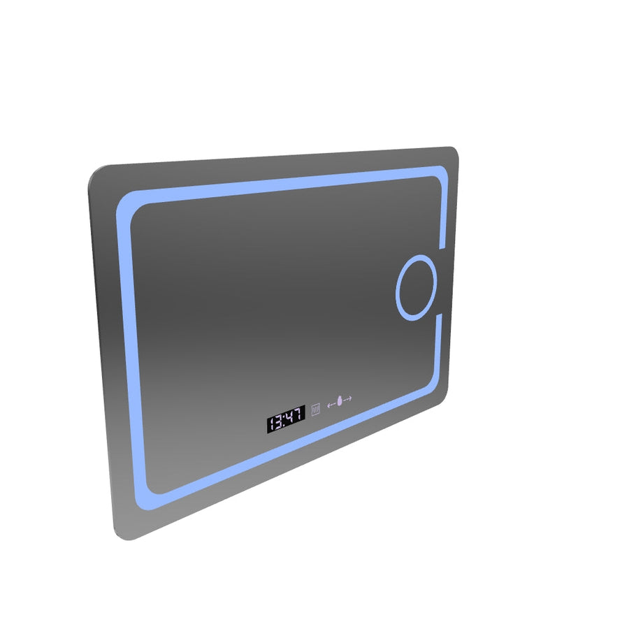 Specchio LED rettangolare, 110x75 cm, Eclat MotionGlow Marcello, sistema antiappannamento, orologio e termometro, lente d'ingrandimento cosmetica, dimmerabile