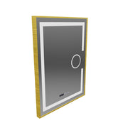 Specchio rettangolare a LED, 60x80 cm, Eclat MotionGlow Marcello, sistema antiappannamento, orologio e termometro, lente d'ingrandimento cosmetica, dimmerabile, cornice oro spazzolato