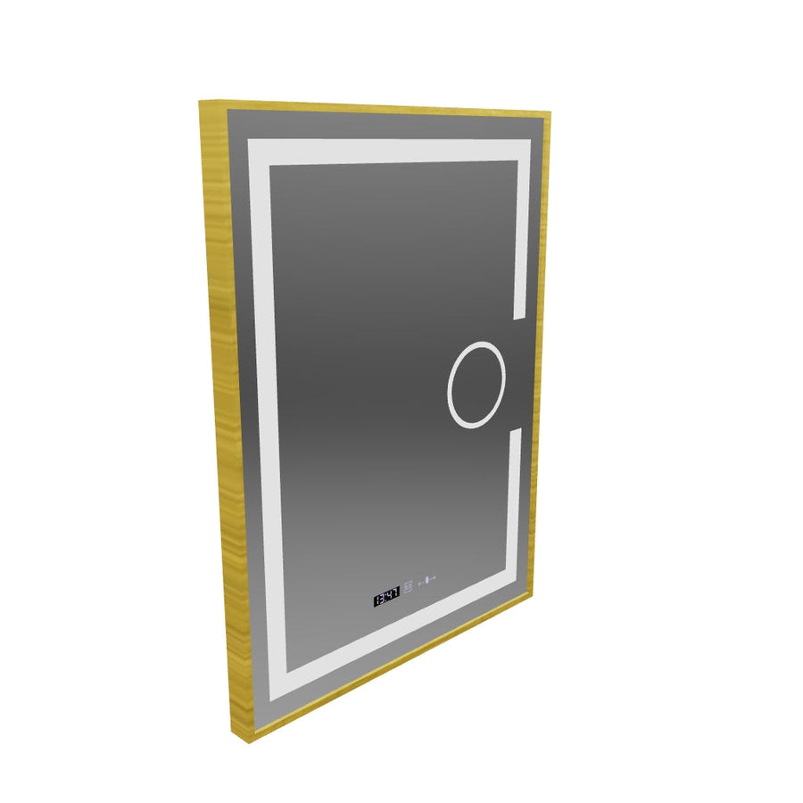 Specchio rettangolare a LED, 60x80 cm, Eclat MotionGlow Marcello, sistema antiappannamento, orologio e termometro, lente d'ingrandimento cosmetica, dimmerabile, cornice oro spazzolato
