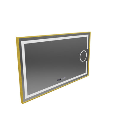 Specchio rettangolare a LED, 120x80 cm, Eclat MotionGlow Marcello, sistema antiappannamento, orologio e termometro, lente d'ingrandimento cosmetica, regolabile, cornice oro spazzolato