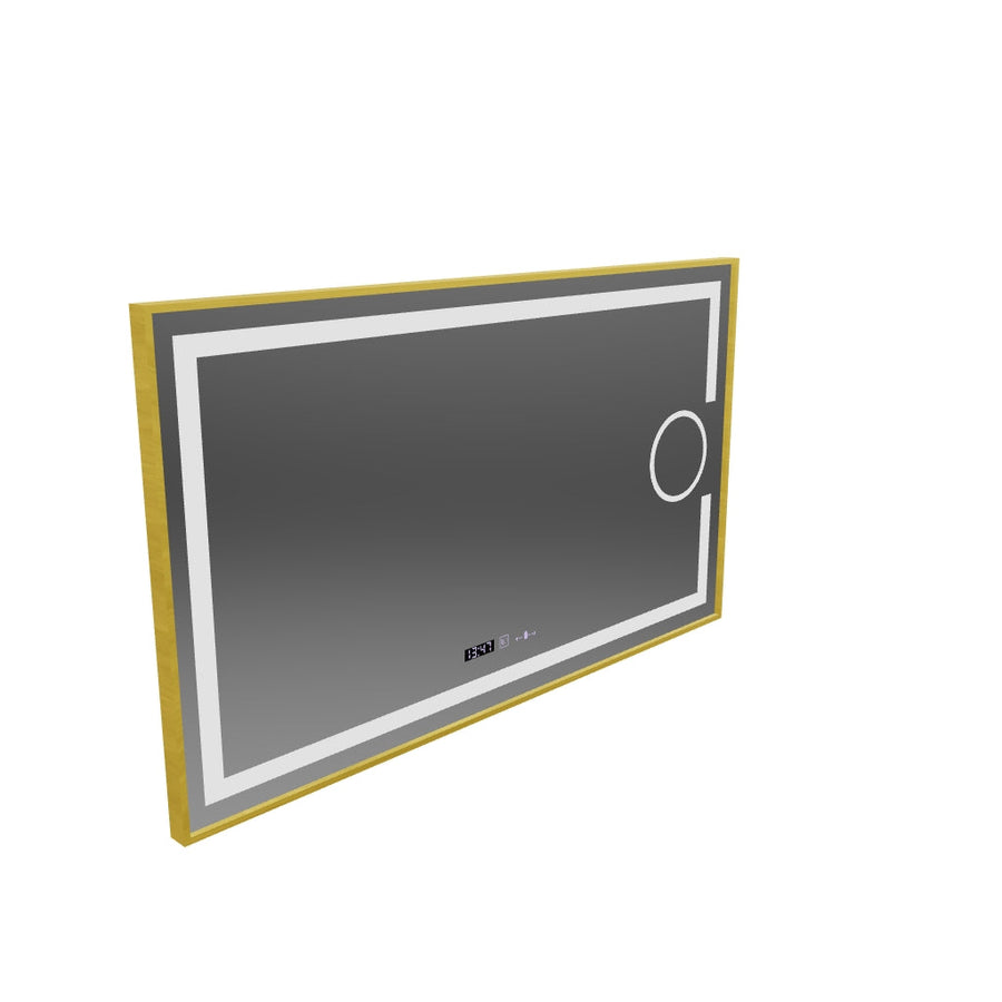 Specchio rettangolare a LED, 120x80 cm, Eclat MotionGlow Marcello, sistema antiappannamento, orologio e termometro, lente d'ingrandimento cosmetica, regolabile, cornice oro spazzolato