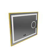 Specchio rettangolare a LED, 80x60 cm, Eclat MotionGlow Marcello, sistema di disappannamento, orologio e termometro, lente d'ingrandimento cosmetica, dimmerabile, cornice oro spazzolato