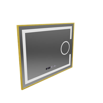 Specchio rettangolare a LED, 80x60 cm, Eclat MotionGlow Marcello, sistema di disappannamento, orologio e termometro, lente d'ingrandimento cosmetica, dimmerabile, cornice oro spazzolato