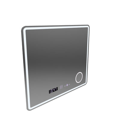 Specchio rettangolare a LED, 90x75 cm, Riflesso MotionGlow Marcello, sistema antiappannamento, orologio e termometro, lente d'ingrandimento cosmetica, dimmerabile