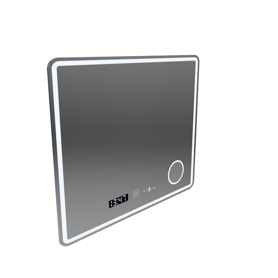 Specchio rettangolare a LED, 90x75 cm, Riflesso MotionGlow Marcello, sistema antiappannamento, orologio e termometro, lente d'ingrandimento cosmetica, dimmerabile