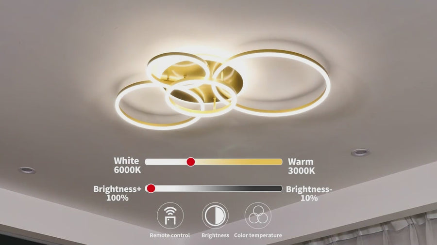 RINOVA Lampadario LED con Telecomando, 4 Cerchi, 112W, Luce Calda/Fredda/Neutra, Dimmerabile, Oro