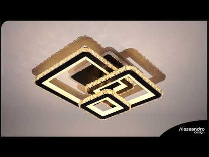 Lampadario LED con telecomando e cristallo LEILA 88W, 3 Quadrati, Luce Fredda/Calda/Neutra, Dimmerabile, Cromo Nero Lucido